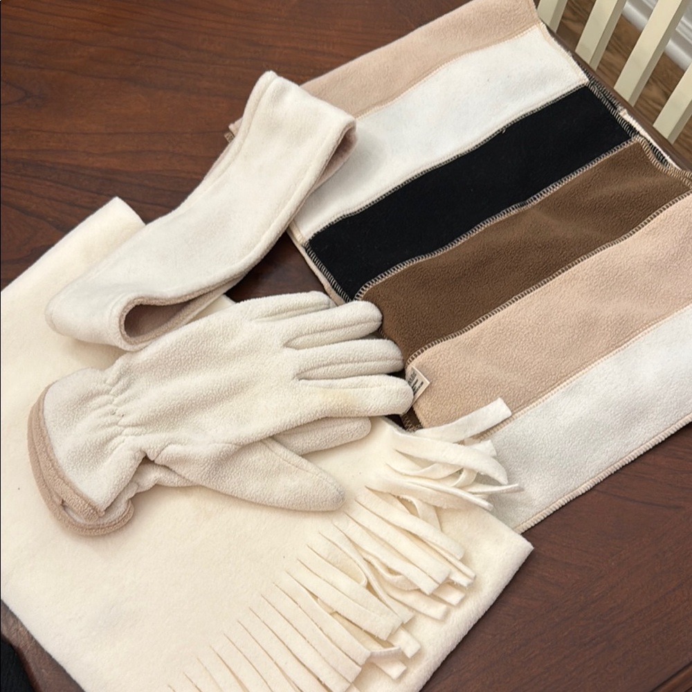 Cream and Brown Knitted Gloves and Mittens Set